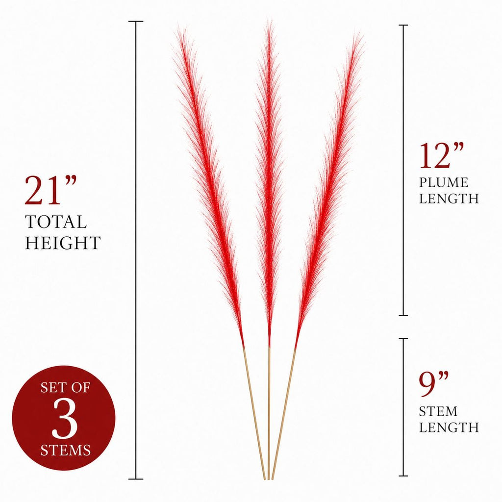 Three red pampas grass stems with beige stems on a white background, annotated with dimensions: 21 inch total height, 12 inch plume length, and 9 inch stem length, plus a red circle noting a set of 3 stems.