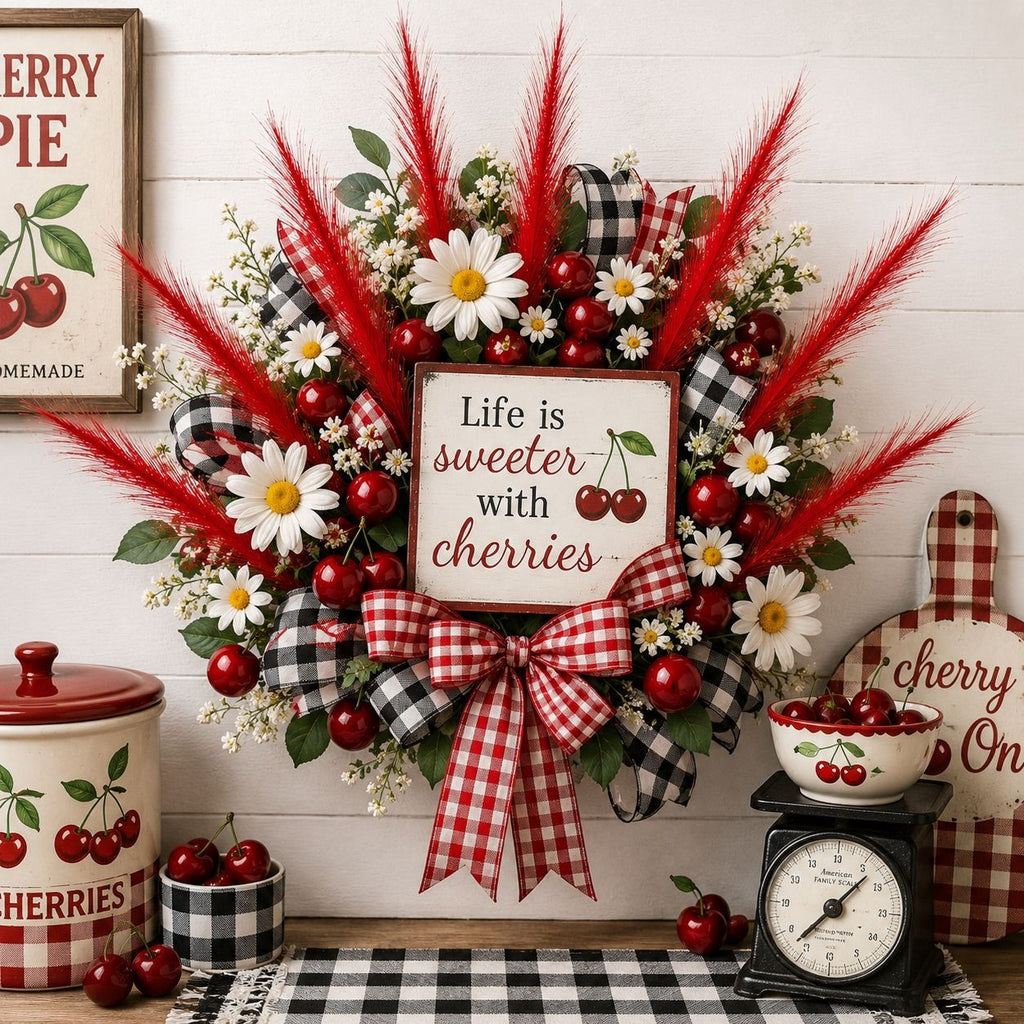 A rustic cherry-themed decorative wreath hanging on a white shiplap wall. The wreath features red and white gingham ribbon bows, red plaid accents, faux red feathers, white daisies, red cherries, and green leaves.