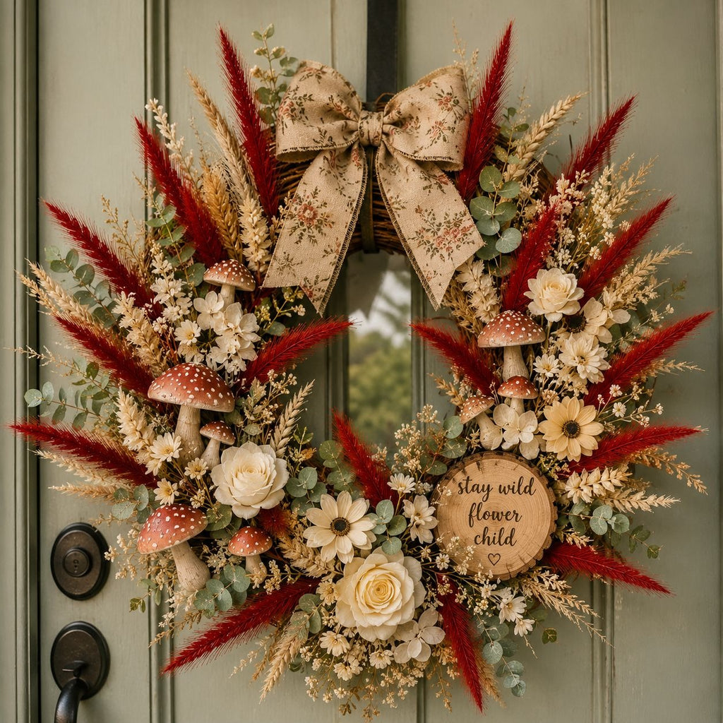 A decorative autumn wreath hanging on a muted green door. The wreath features a large beige patterned bow at the top, red feathery accents, cream and beige flowers, eucalyptus leaves, small mushrooms, and a round wooden sign that reads 'stay wild flower child'.