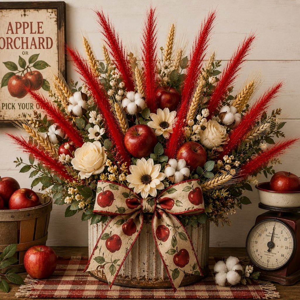 A rustic autumn floral arrangement in a distressed metal bucket vase, decorated with red pampas grass, wheat stalks, red apples, white cotton bolls, cream roses, and a matching apple-patterned ribbon. The arrangement is styled on a checkered table runner with apples, a vintage scale, and a wooden sign in the background.