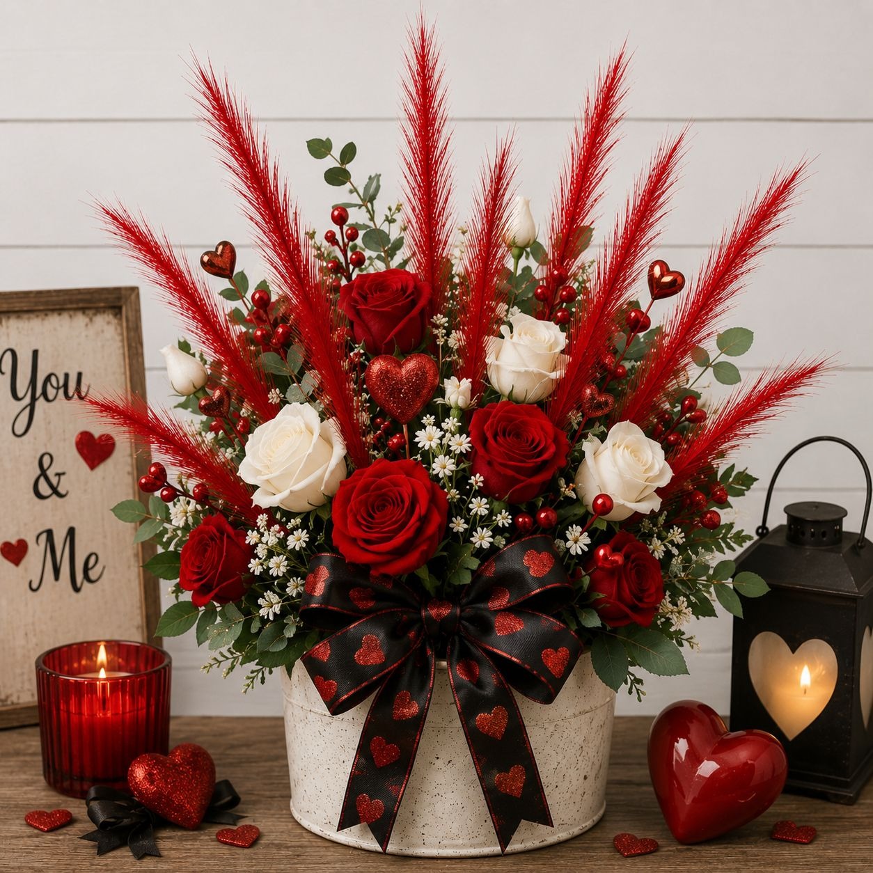 A Valentine's Day floral arrangement in a speckled white bucket with a black and red heart-patterned ribbon. The bouquet features red and white roses, green foliage, red berries, and red feather grass.