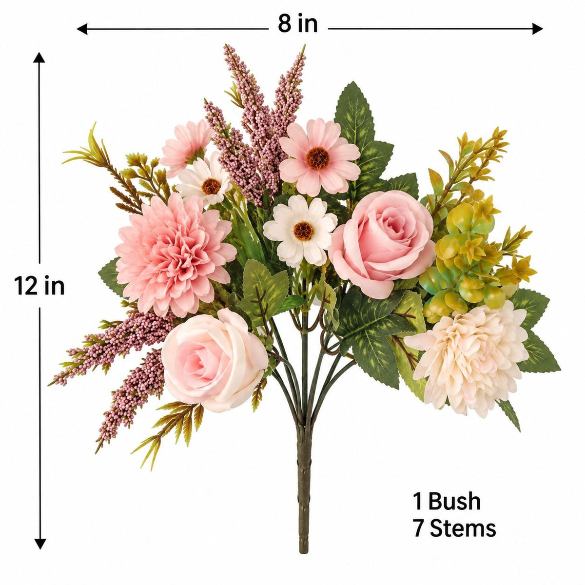 Pink Artificial Flower Bush, 7-Stem 12-Inch Mixed Bouquet for Wedding Decor