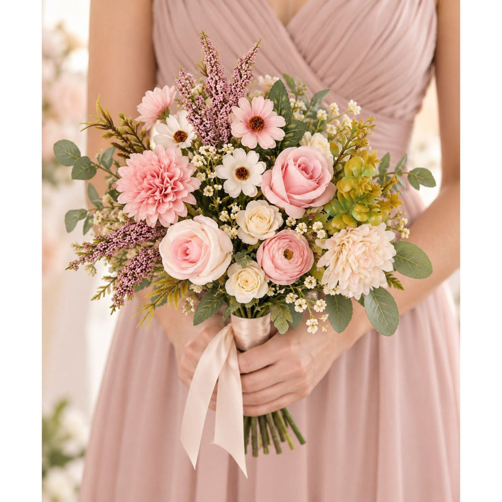 Pink Artificial Flower Bush, 7-Stem 12-Inch Mixed Bouquet for Wedding Decor