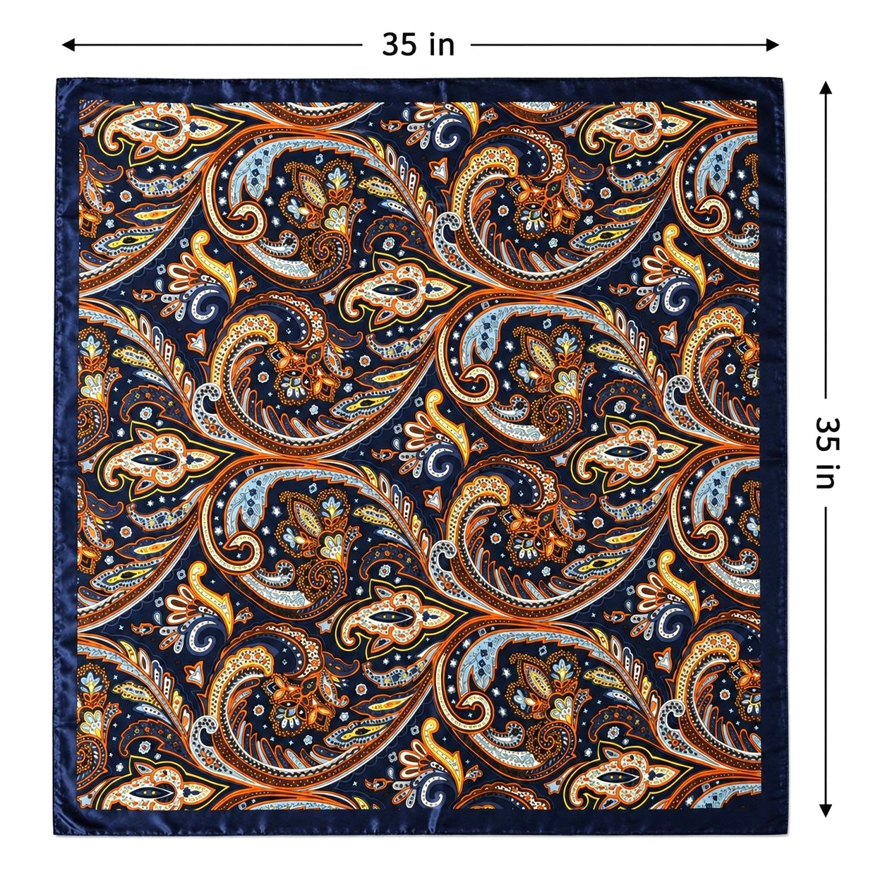 Square or scarf with a detailed paisley pattern, shown flat against a white background with dimension lines indicating a 35 in by 35 in size.