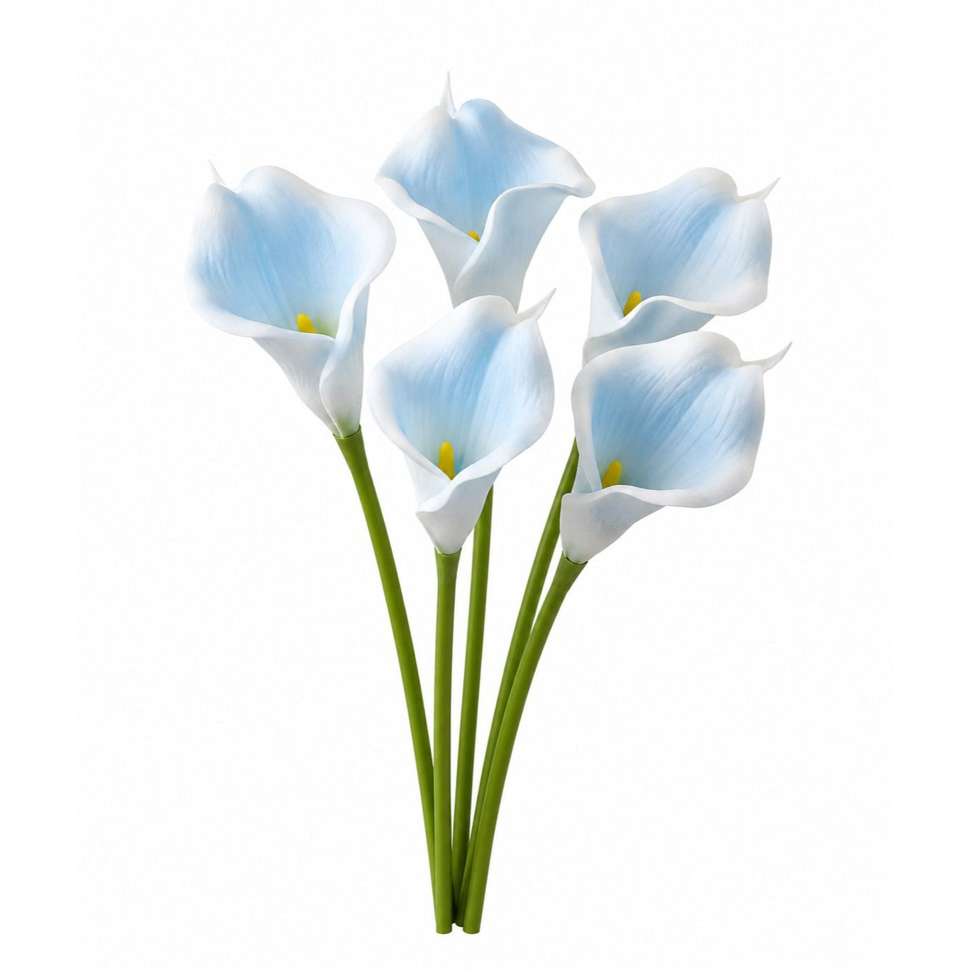 A bouquet of artificial light blue and white calla lilies with green stems, isolated on a white background.