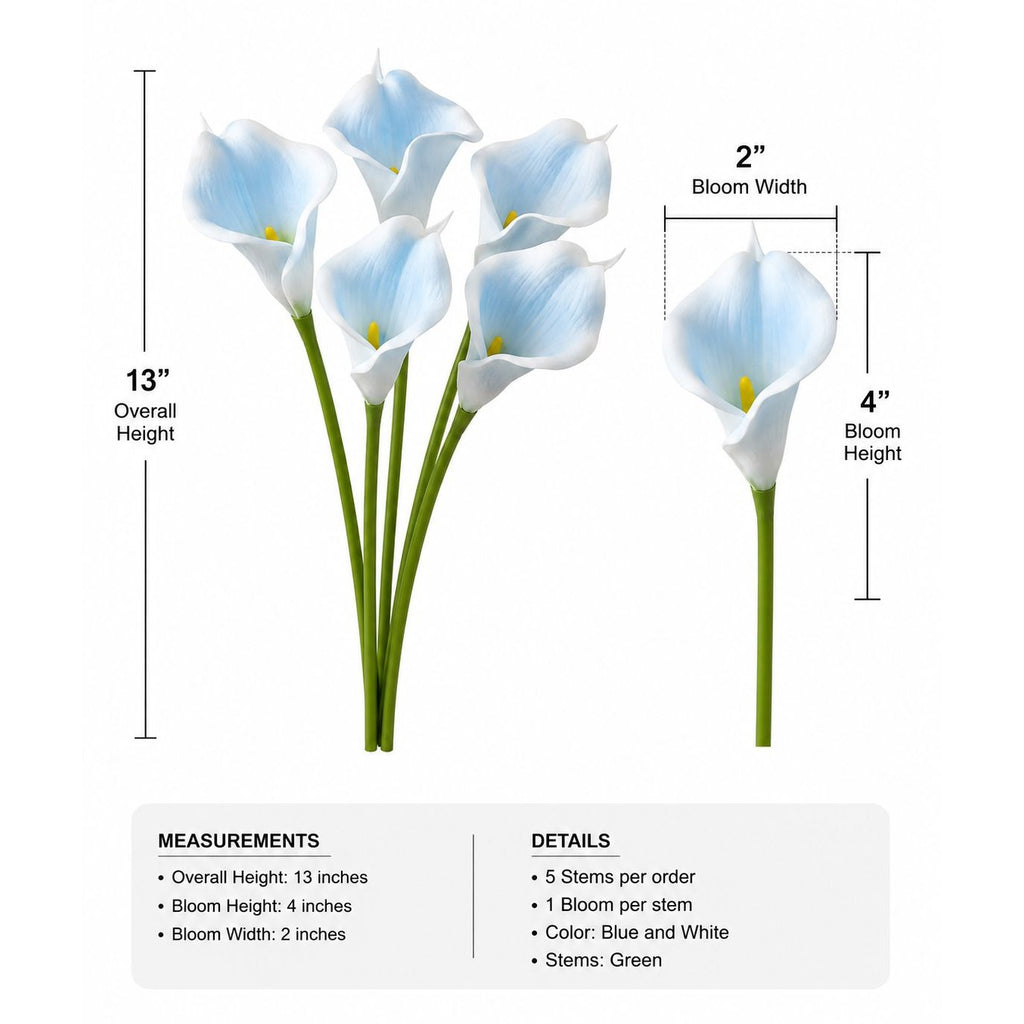 Light blue and white calla lilies with green stems shown with measurement callouts for overall height, bloom height, bloom width, and a details panel listing 5 stems per order, 1 bloom per stem, blue and white color, and green stems.