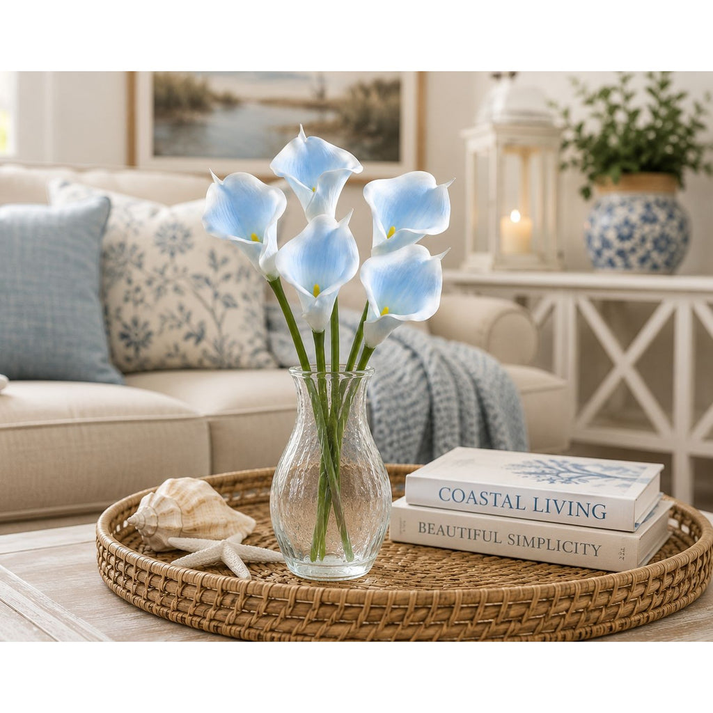Blue White Artificial Calla Lily Stems Set of 5 13 Inch Mini Faux Flowers Coastal Spa Tropical Wedding Decor