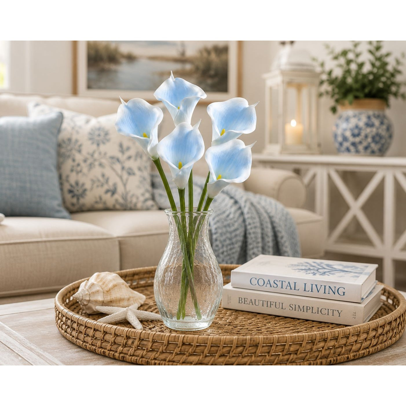 Blue White Artificial Calla Lily Stems Set of 5 13 Inch Mini Faux Flowers Coastal Spa Tropical Wedding Decor