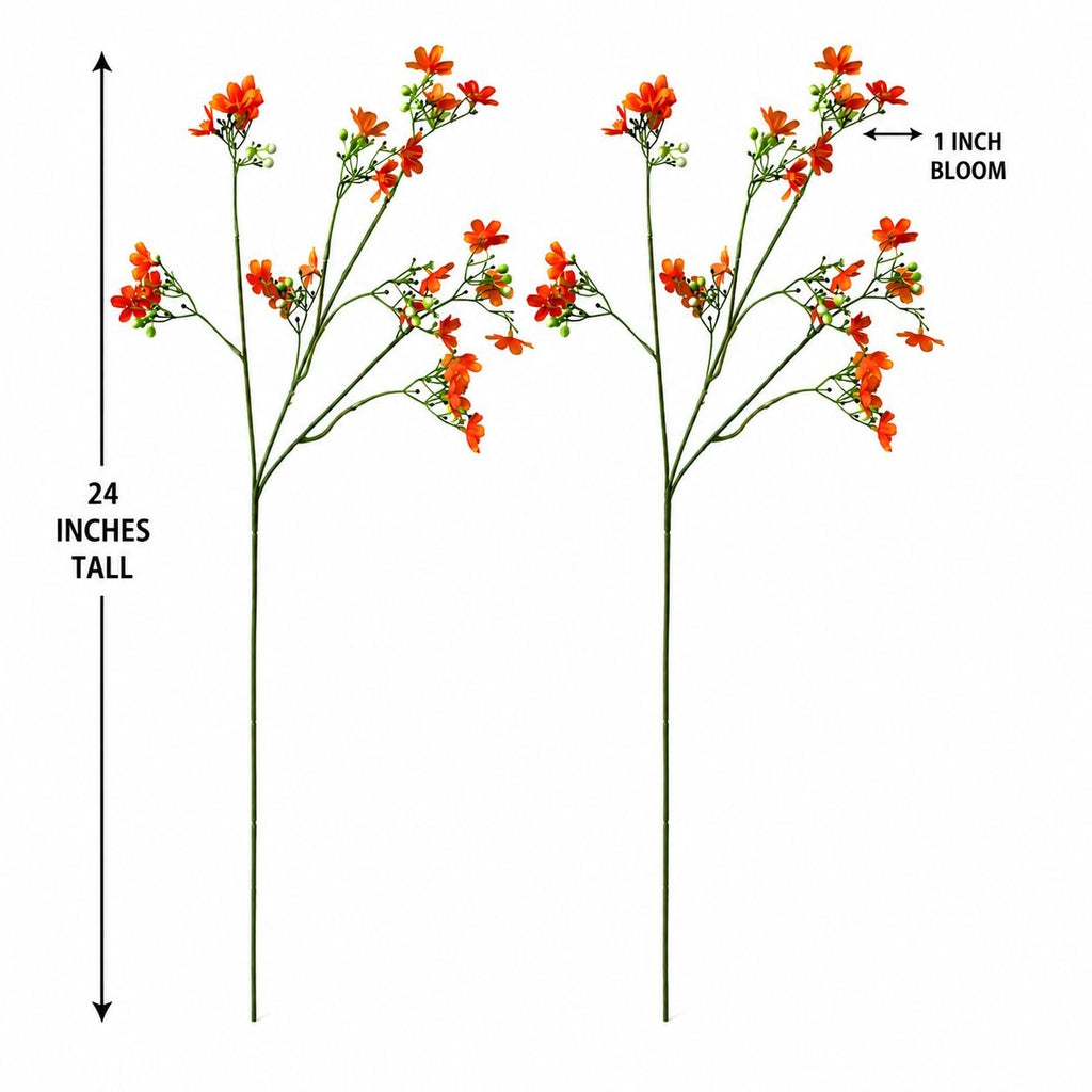Two artificial orange flowers with green stems on a white background, annotated with dimensions: 24 inches tall and 1 inch bloom.
