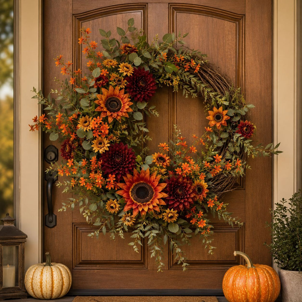 An autumn-themed floral wreath with sunflowers, burgundy dahlias, and orange berries hangs on a brown wooden front door, flanked by small pumpkins on the porch steps.