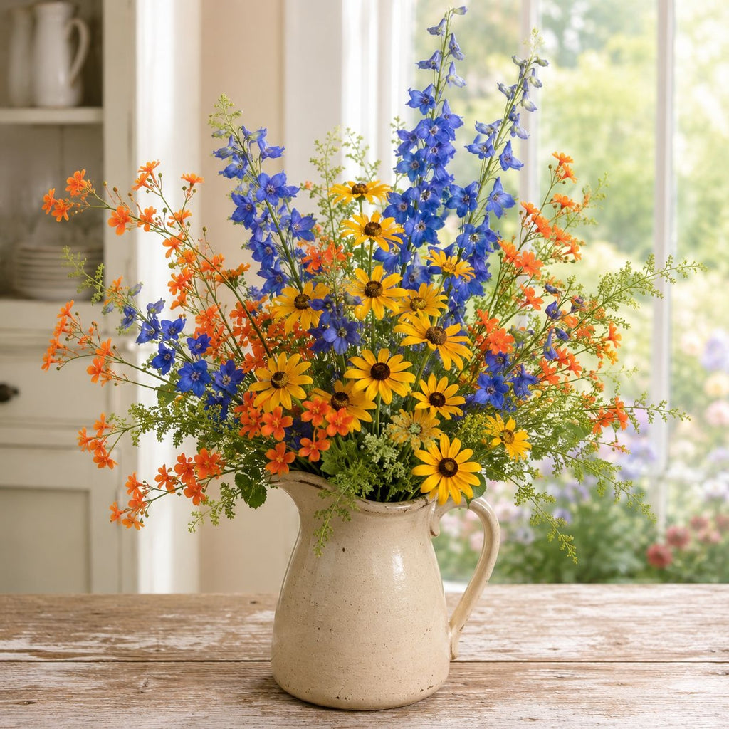 A rustic ceramic pitcher filled with a colorful wildflower bouquet of blue delphiniums, orange flowers, and yellow daisies, set on a wooden table in front of a bright window.