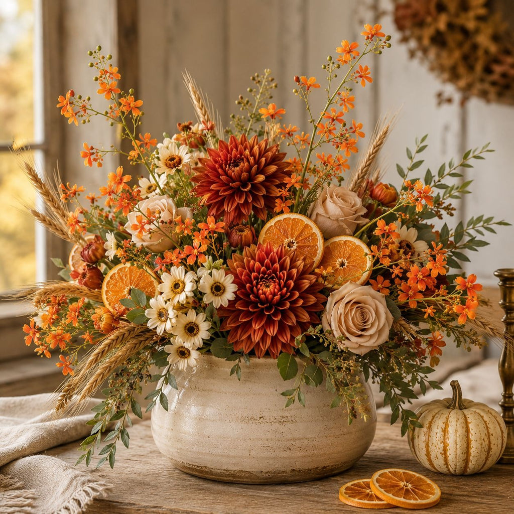 A rustic fall floral arrangement in a textured cream ceramic pot, featuring orange dahlias, orange roses, white daisies, dried wheat stalks, and orange slices, set on a wooden table next to a small decorative pumpkin.