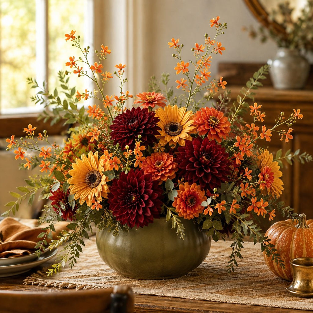 An autumn floral arrangement in a muted green pumpkin-shaped vase, featuring orange and burgundy dahlias, yellow sunflowers, and green foliage, styled on a burlap runner in a warm, rustic dining room setting.