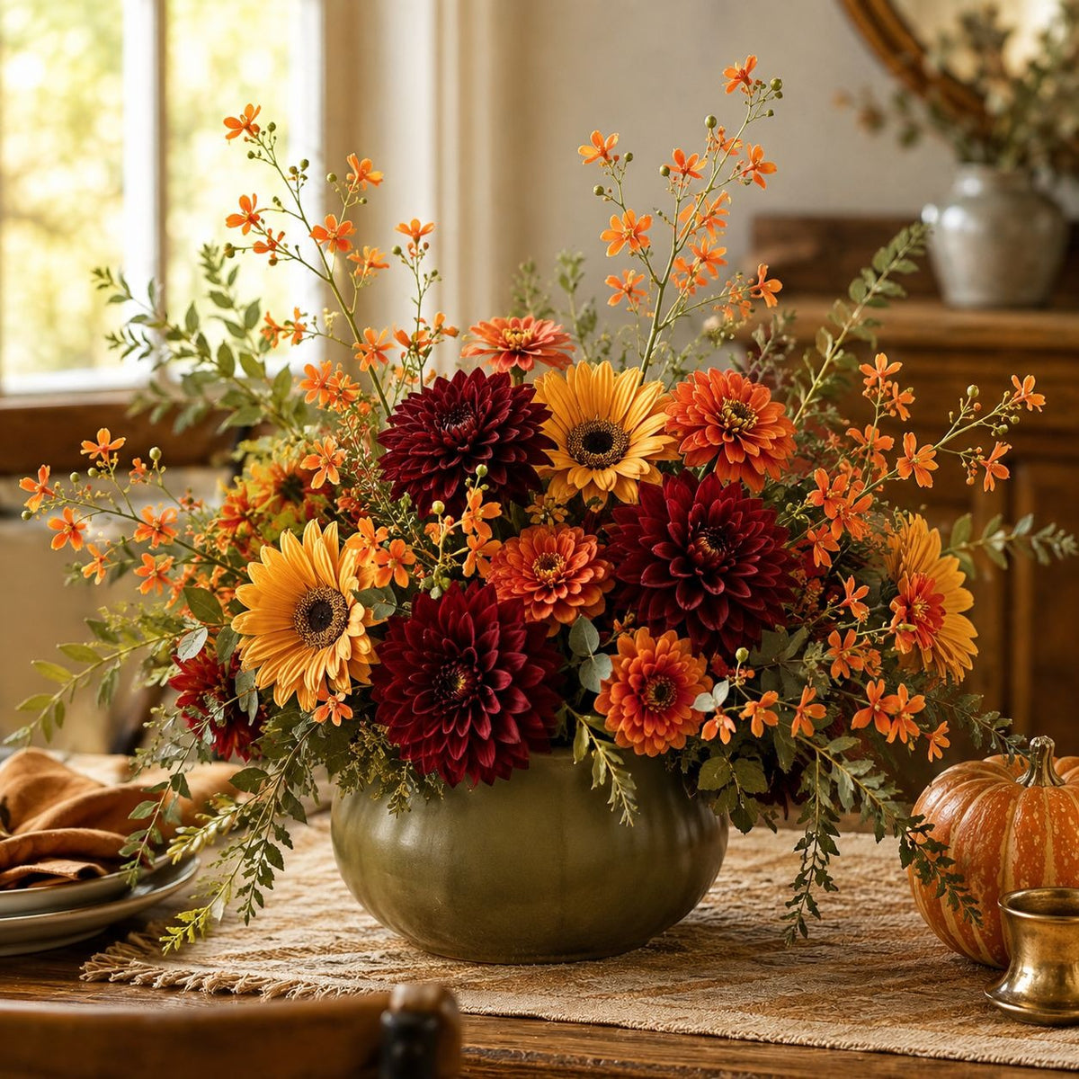 An autumn floral arrangement in a muted green pumpkin-shaped vase, featuring orange and burgundy dahlias, yellow sunflowers, and green foliage, styled on a burlap runner in a warm, rustic dining room setting.