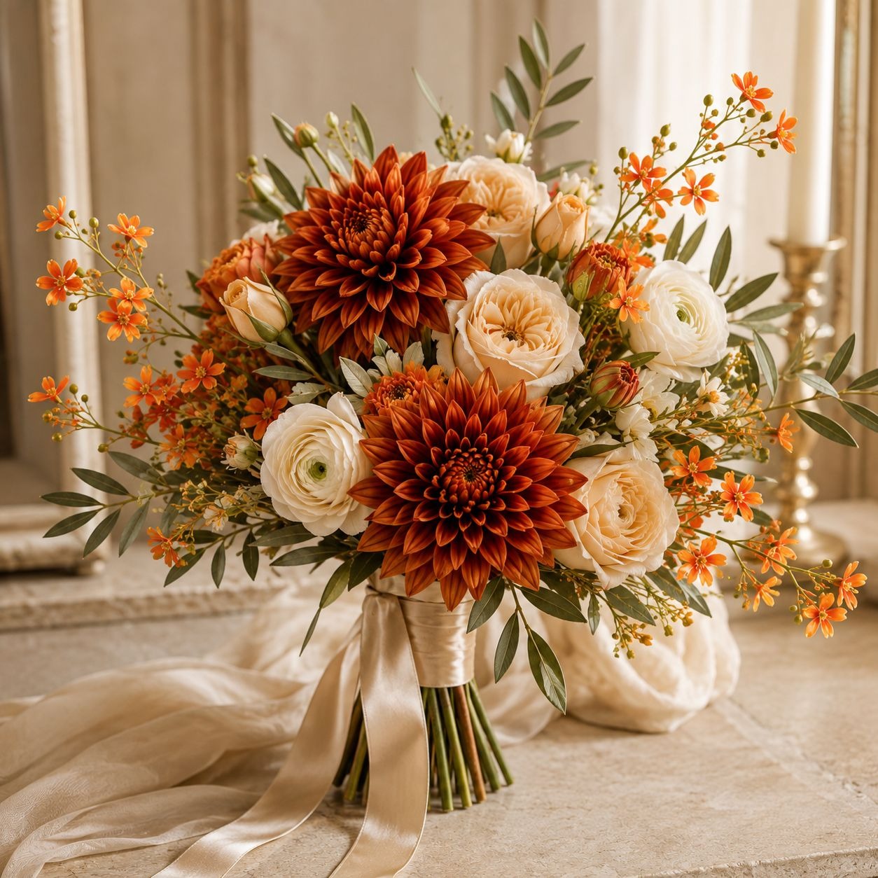 A beautifully arranged autumn bouquet featuring large burnt orange dahlias, cream ranunculus, and green foliage, wrapped in a cream satin ribbon and set against a soft, warm neutral background.