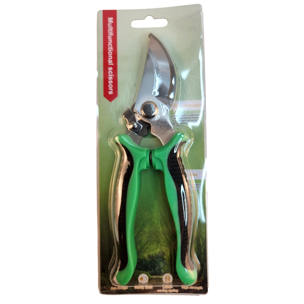 Green and silver multifunctional pruning shears in retail blister packaging, shown against a plain white background.