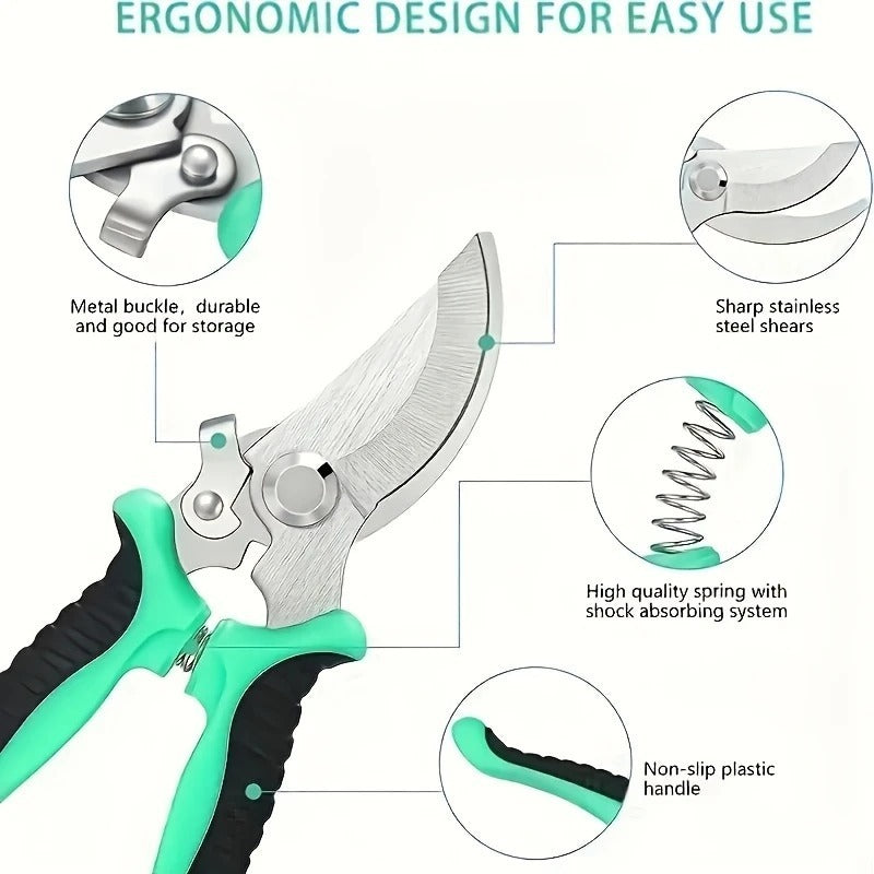 Gardening shears with ergonomic design features highlighted on a white background