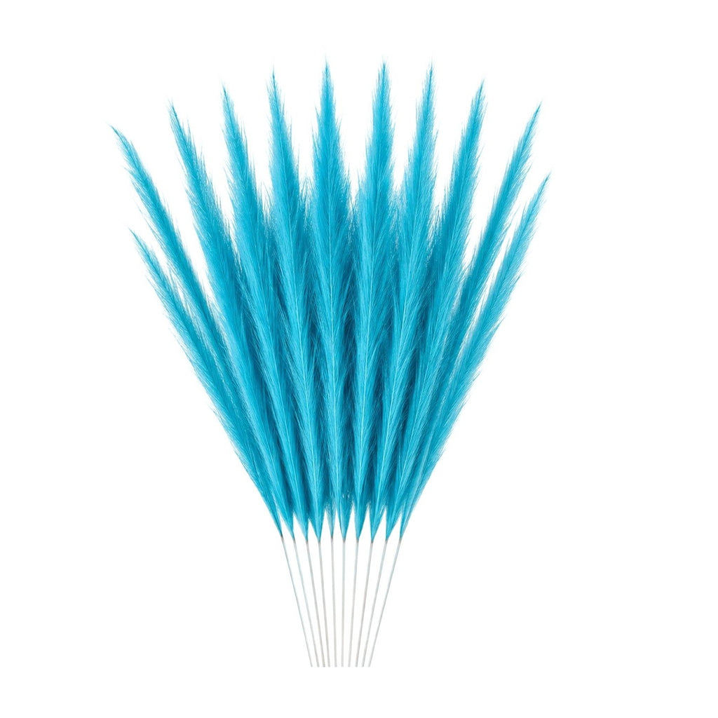 Turquoise Blue Artificial Pampas Grass 16 Inch 13 Stem Bunch Wispy Coastal Vase Filler Faux Beach Party Decor
