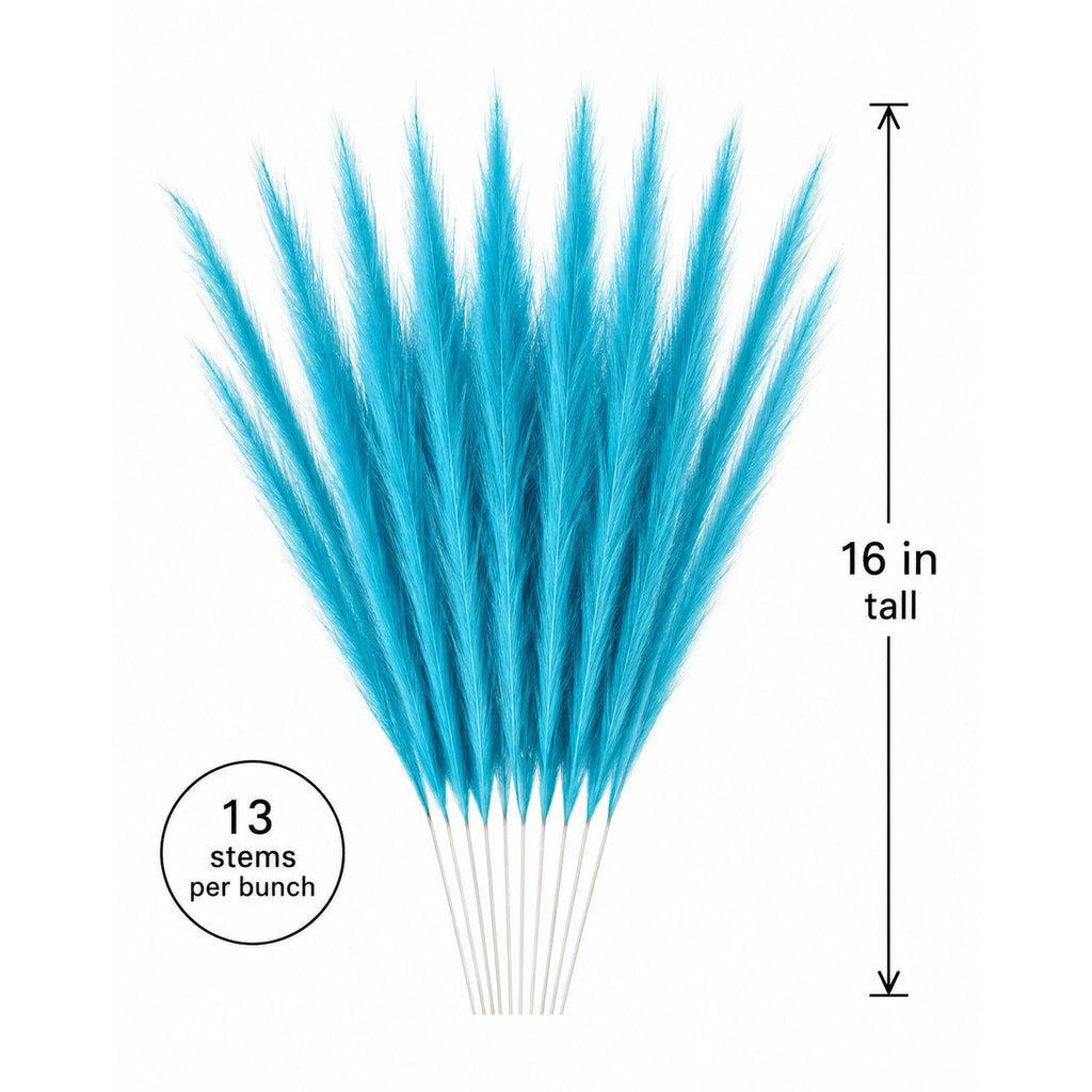 Turquoise Blue Artificial Pampas Grass 16 Inch 13 Stem Bunch Wispy Coastal Vase Filler Faux Beach Party Decor