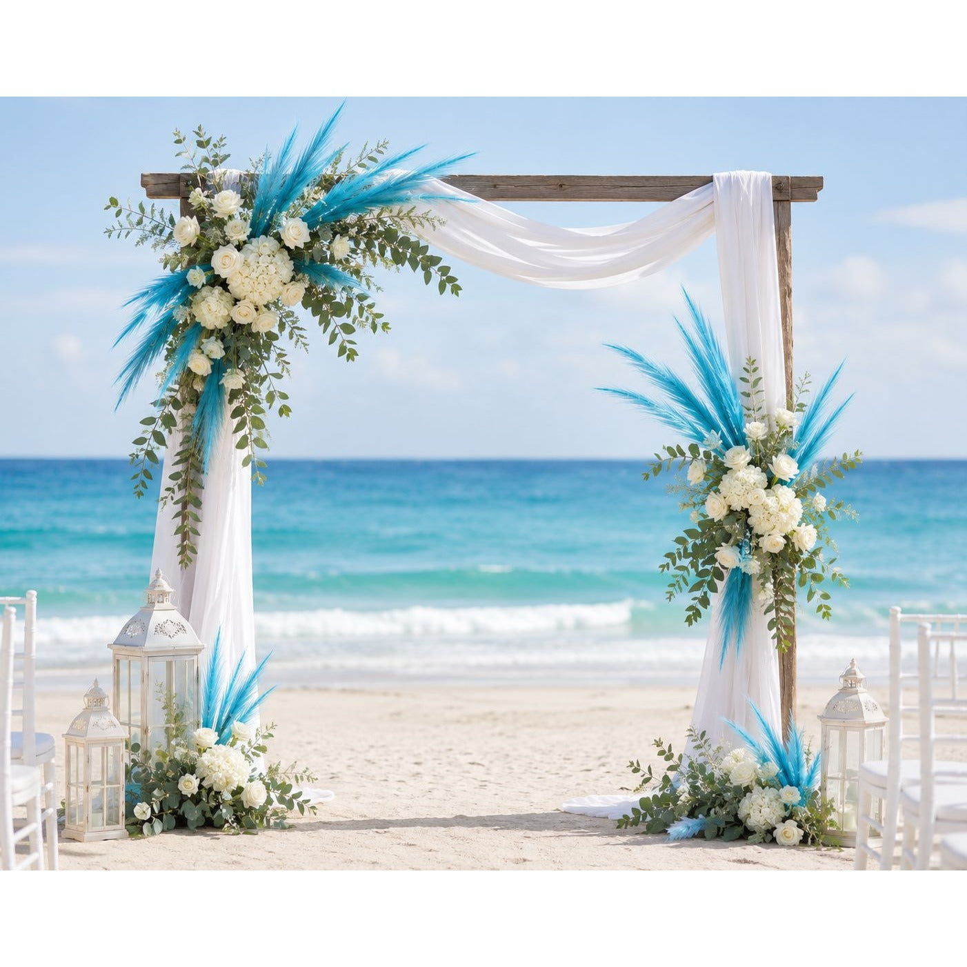 Turquoise Blue Artificial Pampas Grass 16 Inch 13 Stem Bunch Wispy Coastal Vase Filler Faux Beach Party Decor