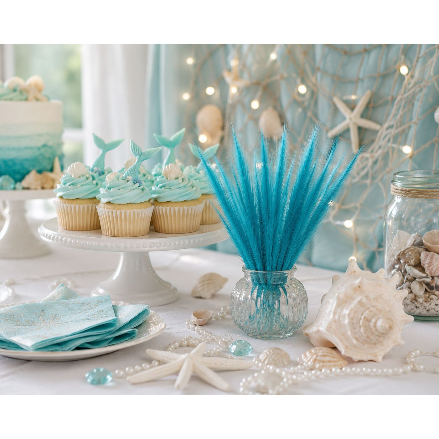 Turquoise Blue Artificial Pampas Grass 16 Inch 13 Stem Bunch Wispy Coastal Vase Filler Faux Beach Party Decor