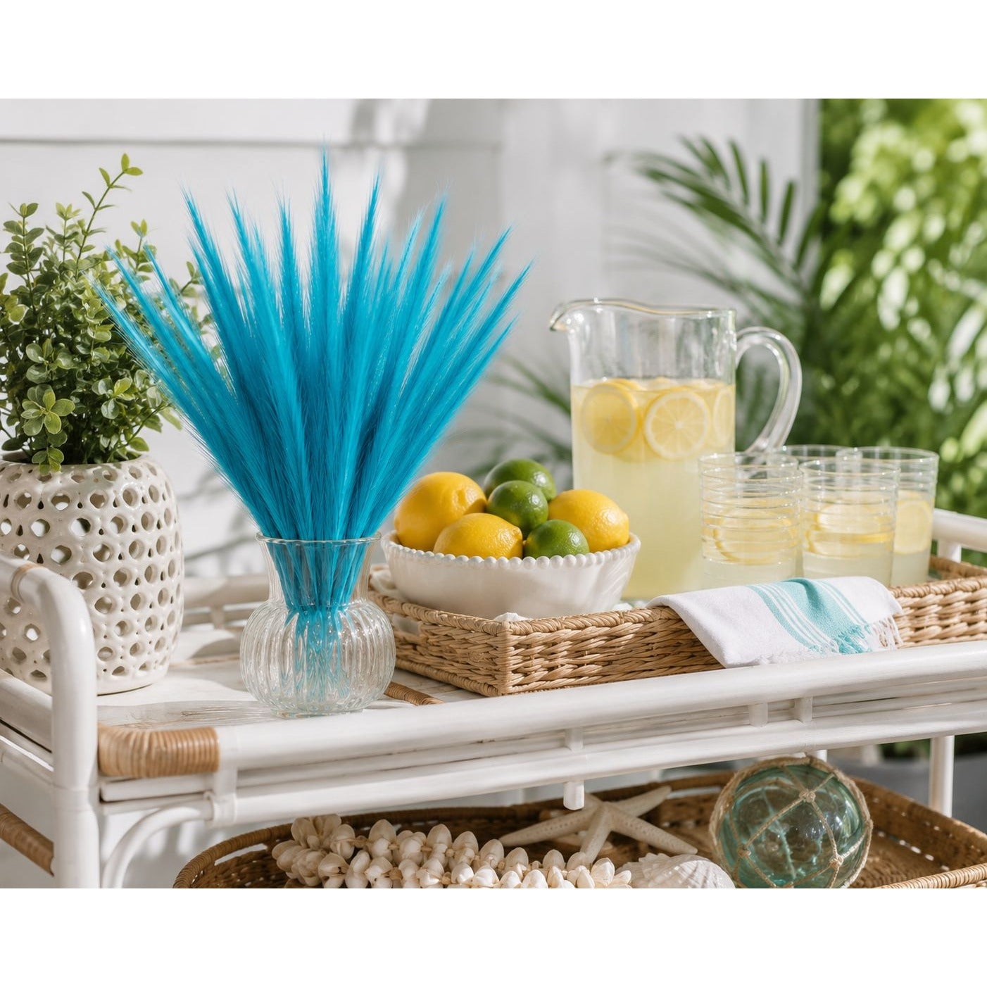 Turquoise Blue Artificial Pampas Grass 16 Inch 13 Stem Bunch Wispy Coastal Vase Filler Faux Beach Party Decor