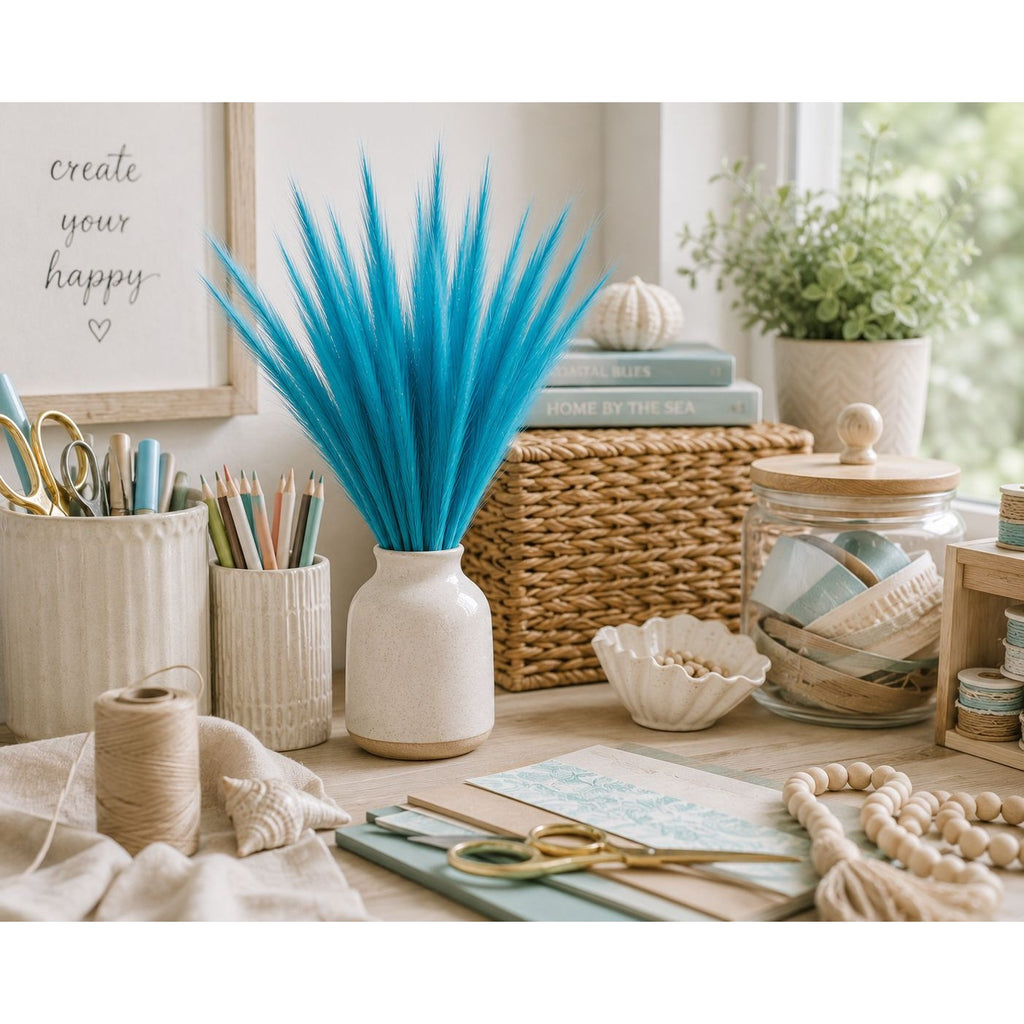 Turquoise Blue Artificial Pampas Grass 16 Inch 13 Stem Bunch Wispy Coastal Vase Filler Faux Beach Party Decor