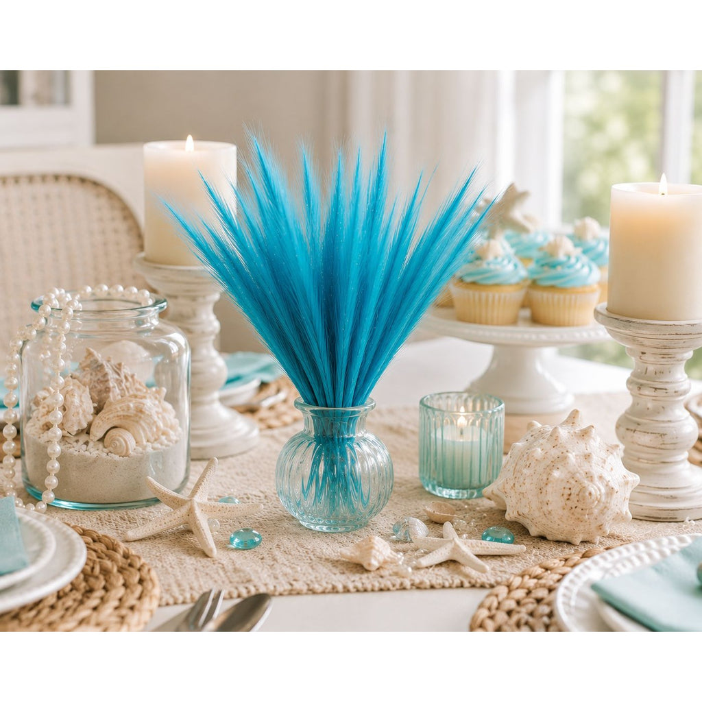 Turquoise Blue Artificial Pampas Grass 16 Inch 13 Stem Bunch Wispy Coastal Vase Filler Faux Beach Party Decor