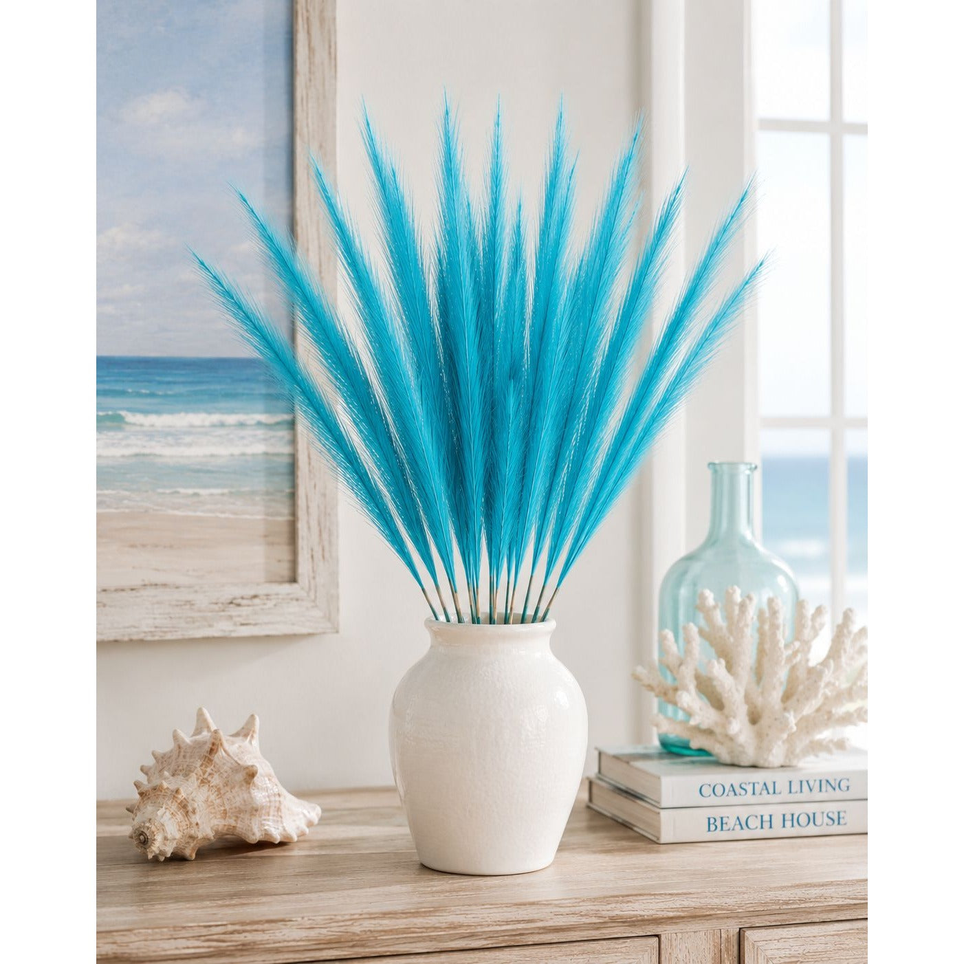 Turquoise Blue Artificial Pampas Grass 16 Inch 13 Stem Bunch Wispy Coastal Vase Filler Faux Beach Party Decor