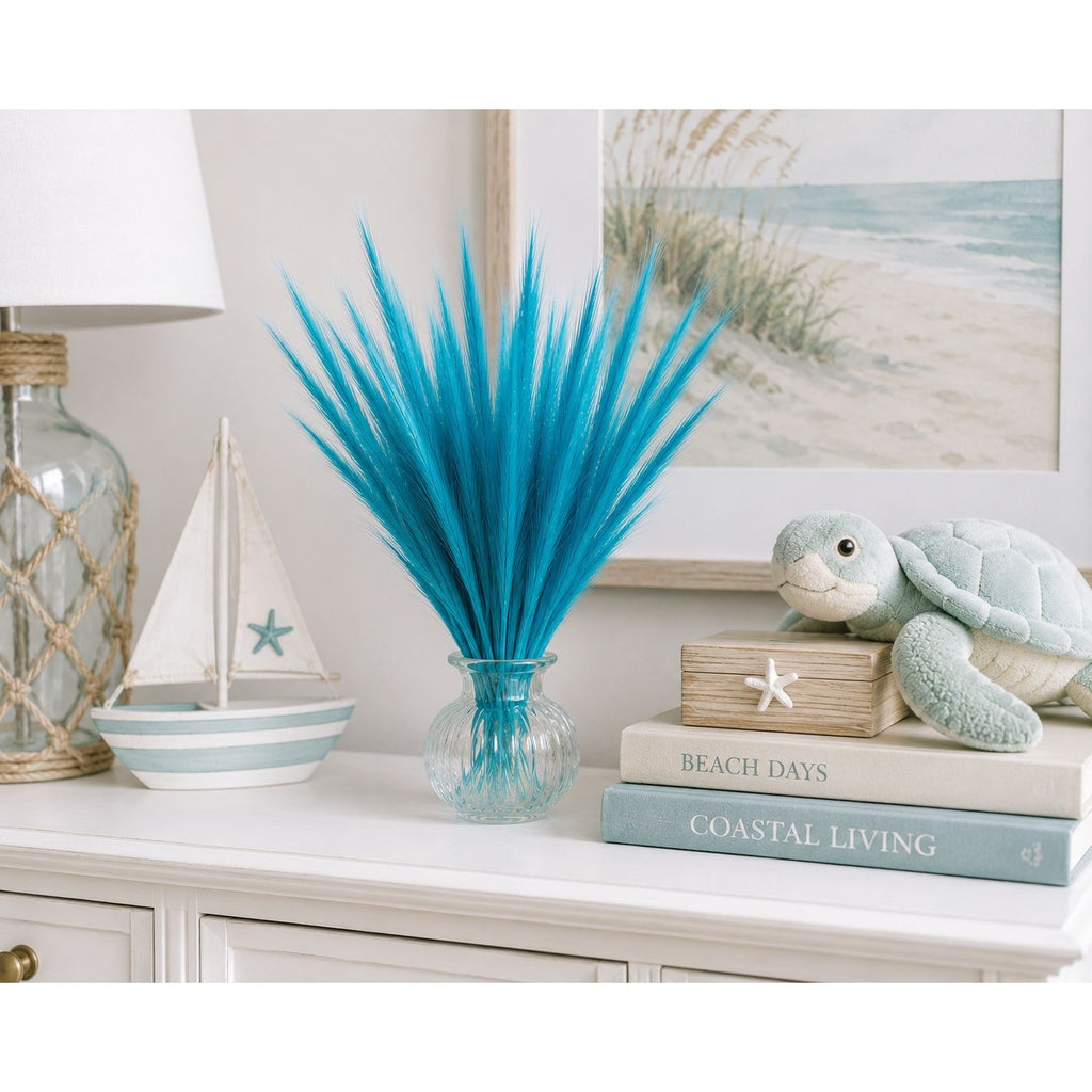 Turquoise Blue Artificial Pampas Grass 16 Inch 13 Stem Bunch Wispy Coastal Vase Filler Faux Beach Party Decor