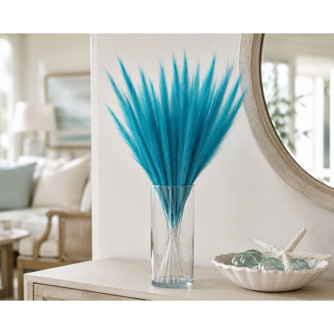 Turquoise Blue Artificial Pampas Grass 16 Inch 13 Stem Bunch Wispy Coastal Vase Filler Faux Beach Party Decor