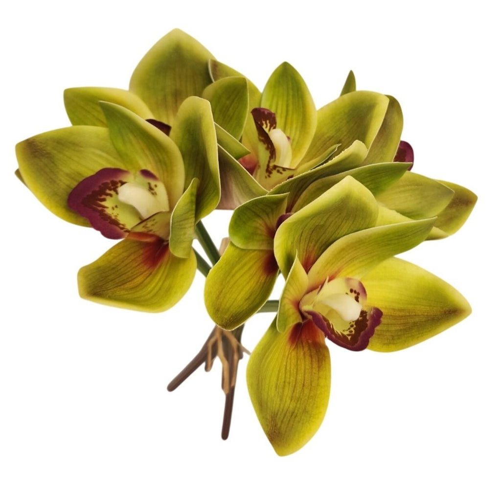 Green Cymbidium Orchid Artificial Flowers 6 Stem Bundle, Faux Orchid Wedding Flowers, DIY Corsage Boutonniere Supply