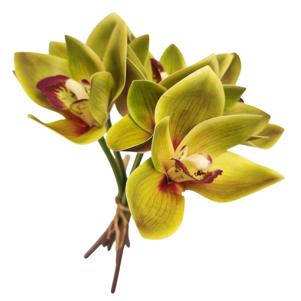 Green Cymbidium Orchid Artificial Flowers 6 Stem Bundle, Faux Orchid Wedding Flowers, DIY Corsage Boutonniere Supply