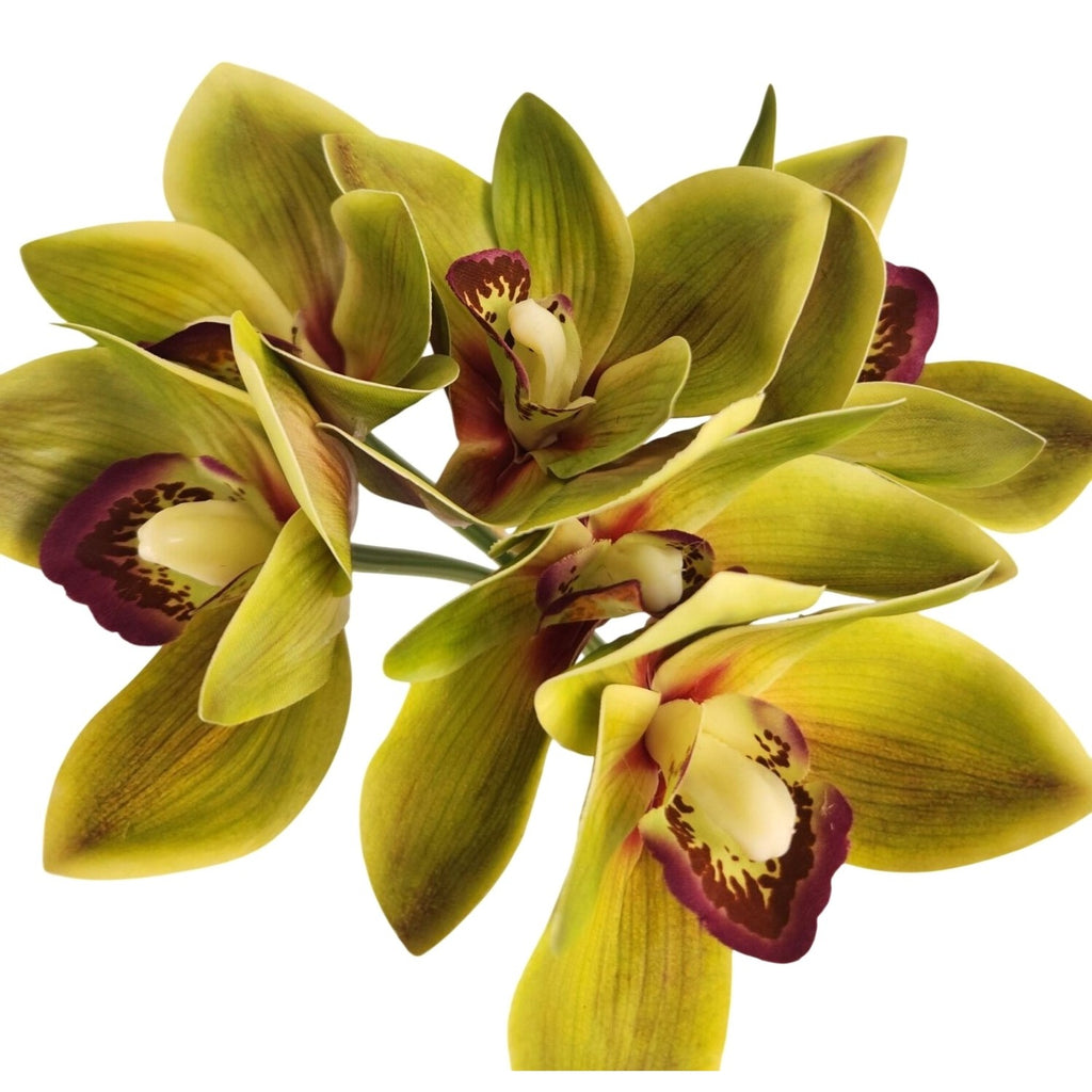 Green Cymbidium Orchid Artificial Flowers 6 Stem Bundle, Faux Orchid Wedding Flowers, DIY Corsage Boutonniere Supply
