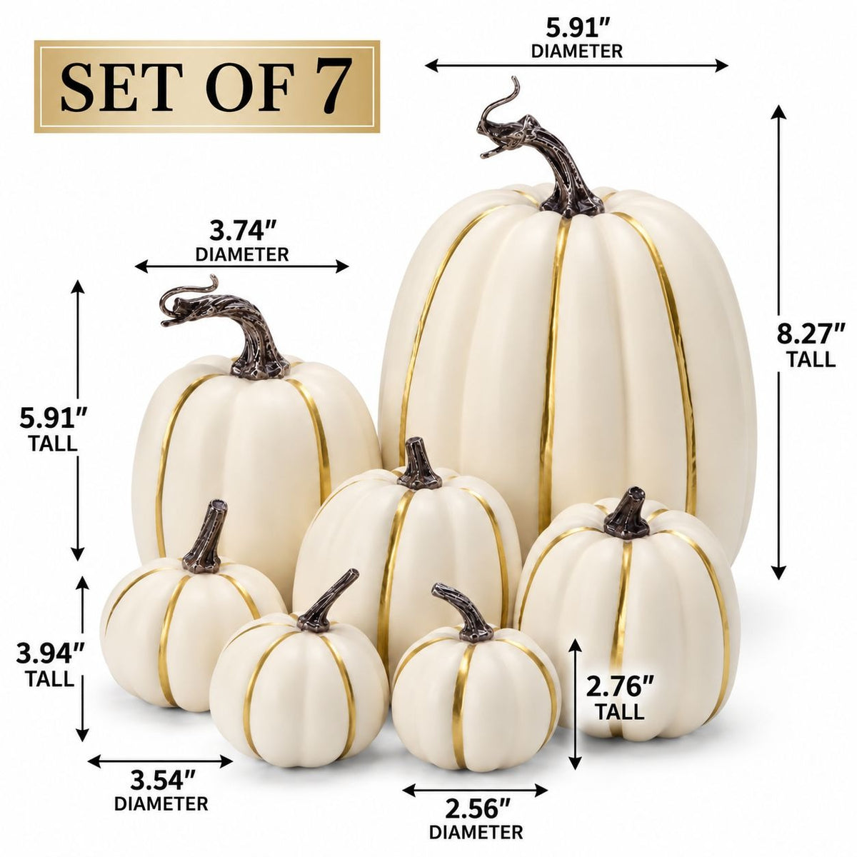 Set of 7 cream-colored decorative pumpkins with gold stripes and dark brown stems, shown with dimension arrows and labels indicating height and diameter.