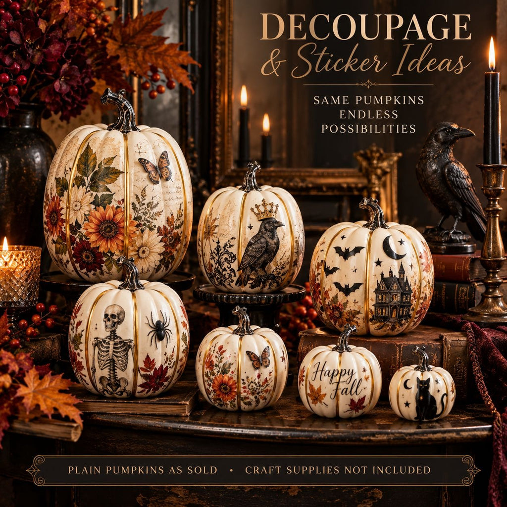 A styled tabletop display of decorative pumpkins with autumn and Halloween decoupage designs, including floral, skeleton, raven, spider, bat, moon-and-stars, and 'Happy Fall' motifs. The scene includes candles, books, a raven figurine, and fall foliage in a dark indoor setting.