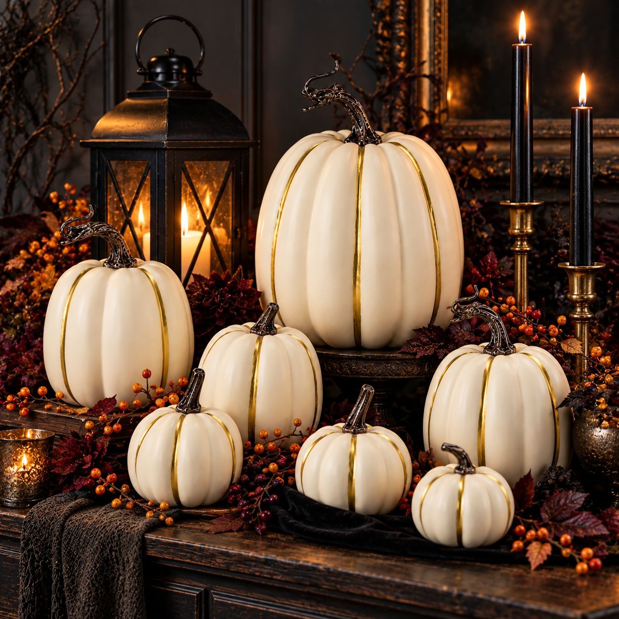 A collection of faux cream-colored pumpkins with metallic gold vertical stripes, styled on a dark wooden mantel with autumn decorations including candles, a lantern, and berries.