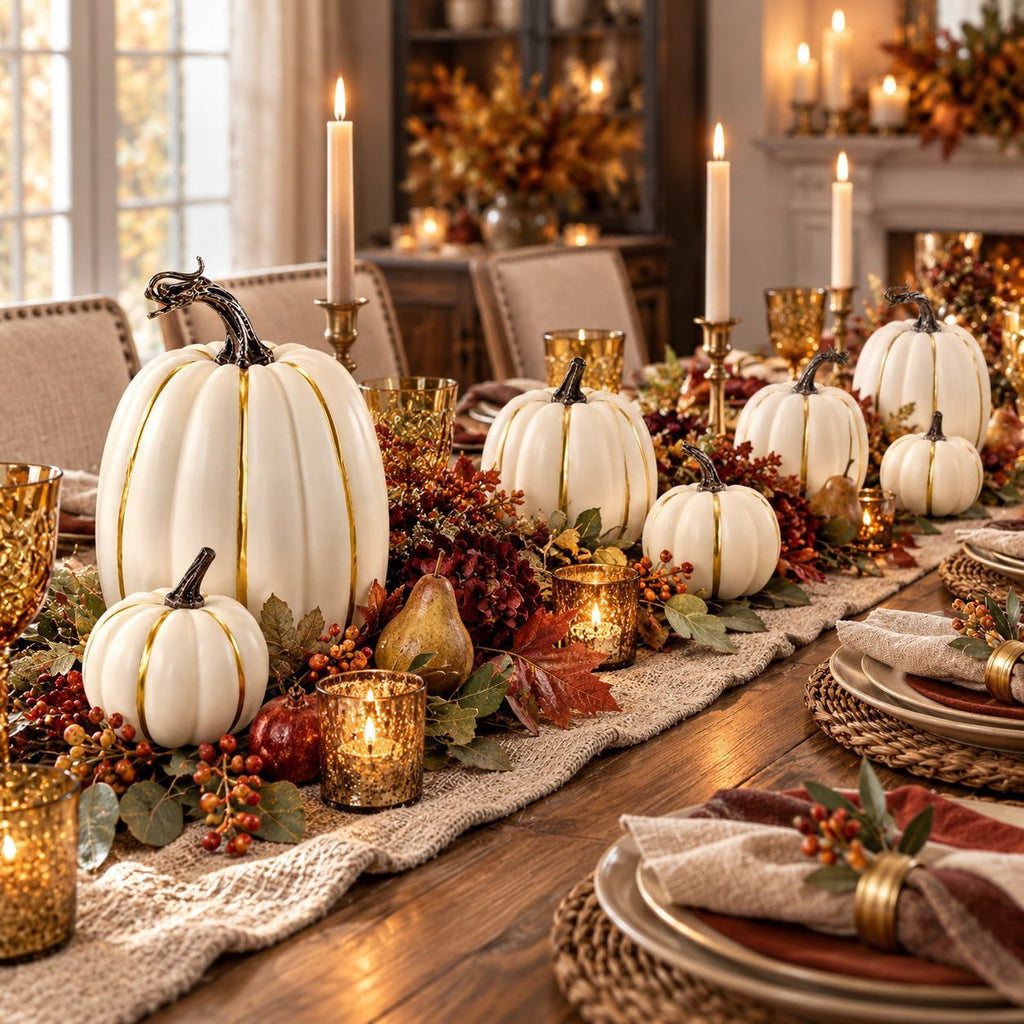 A styled autumn table setting with white decorative pumpkins, lit taper candles in gold holders, fall leaves, berries, and a woven runner on a wooden dining table.