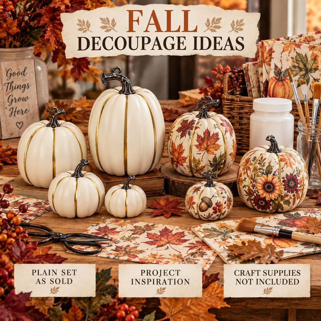 A styled fall craft display with multiple decorative pumpkins in cream, white, and autumn floral patterns, surrounded by leaves, paintbrushes, jars, and a sign reading 'FALL DECOUPAGE IDEAS.' Text banners at the bottom say 'PLAIN SET AS SOLD,' 'PROJECT INSPIRATION,' and 'CRAFT SUPPLIES NOT INCLUDED.