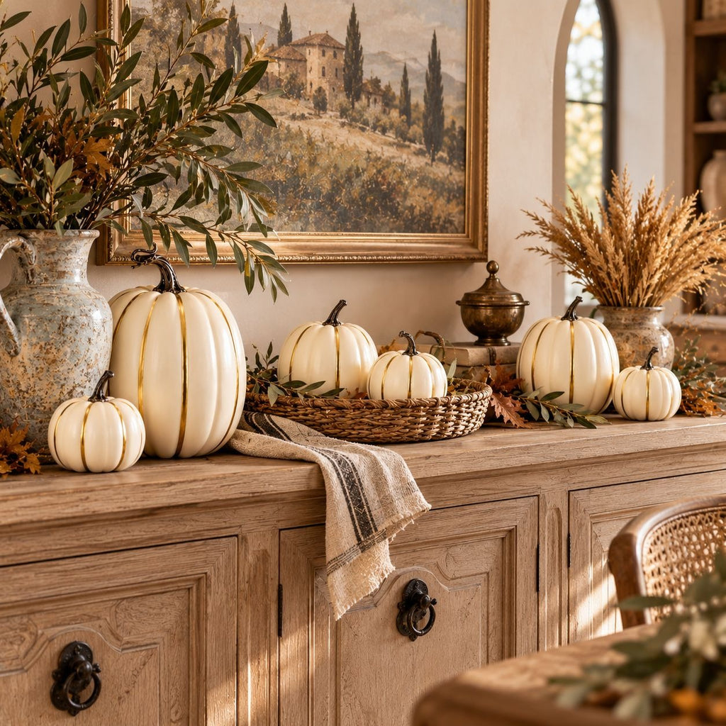 A styled autumn display featuring multiple cream and white decorative pumpkins arranged on a rustic wooden sideboard, with dried grasses, a ceramic vase, and a framed landscape painting in the background.