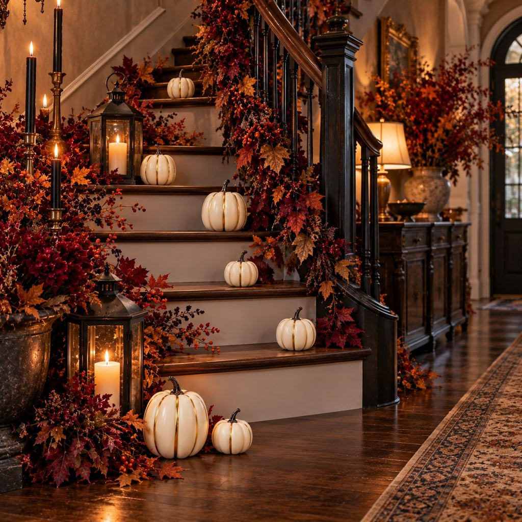 A beautifully decorated indoor staircase for the fall season, featuring white pumpkins placed on each step, a dark wood banister, and garlands of red and orange autumn leaves and branches. Lit black lanterns with candles are scattered along the stairs, and a matching floral arrangement sits on a dark wood sideboard in the hallway.