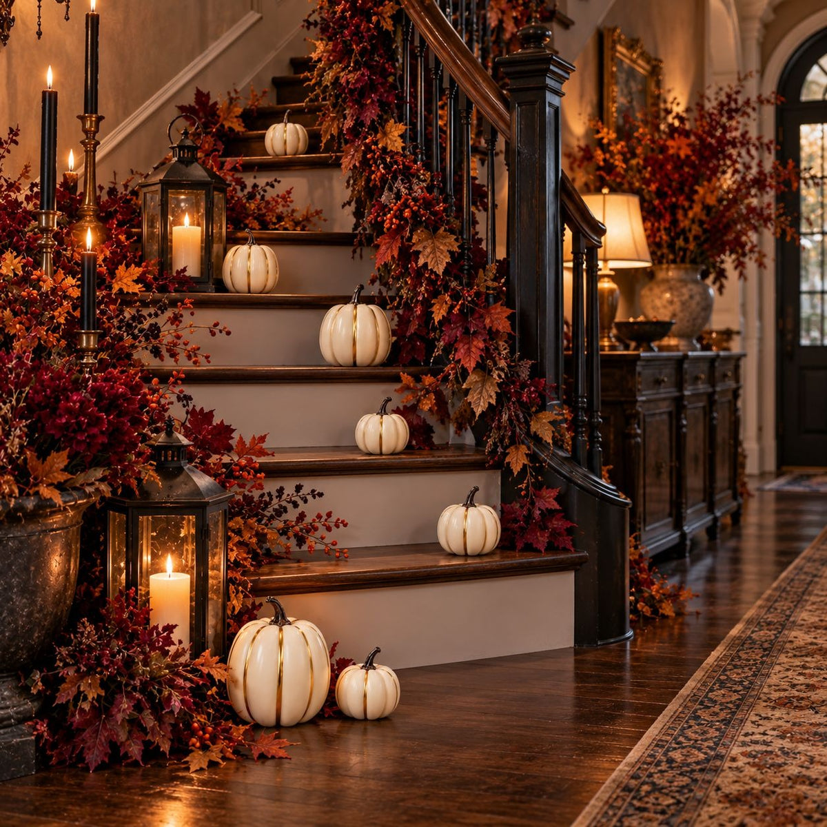 A beautifully decorated indoor staircase for the fall season, featuring white pumpkins placed on each step, a dark wood banister, and garlands of red and orange autumn leaves and branches. Lit black lanterns with candles are scattered along the stairs, and a matching floral arrangement sits on a dark wood sideboard in the hallway.