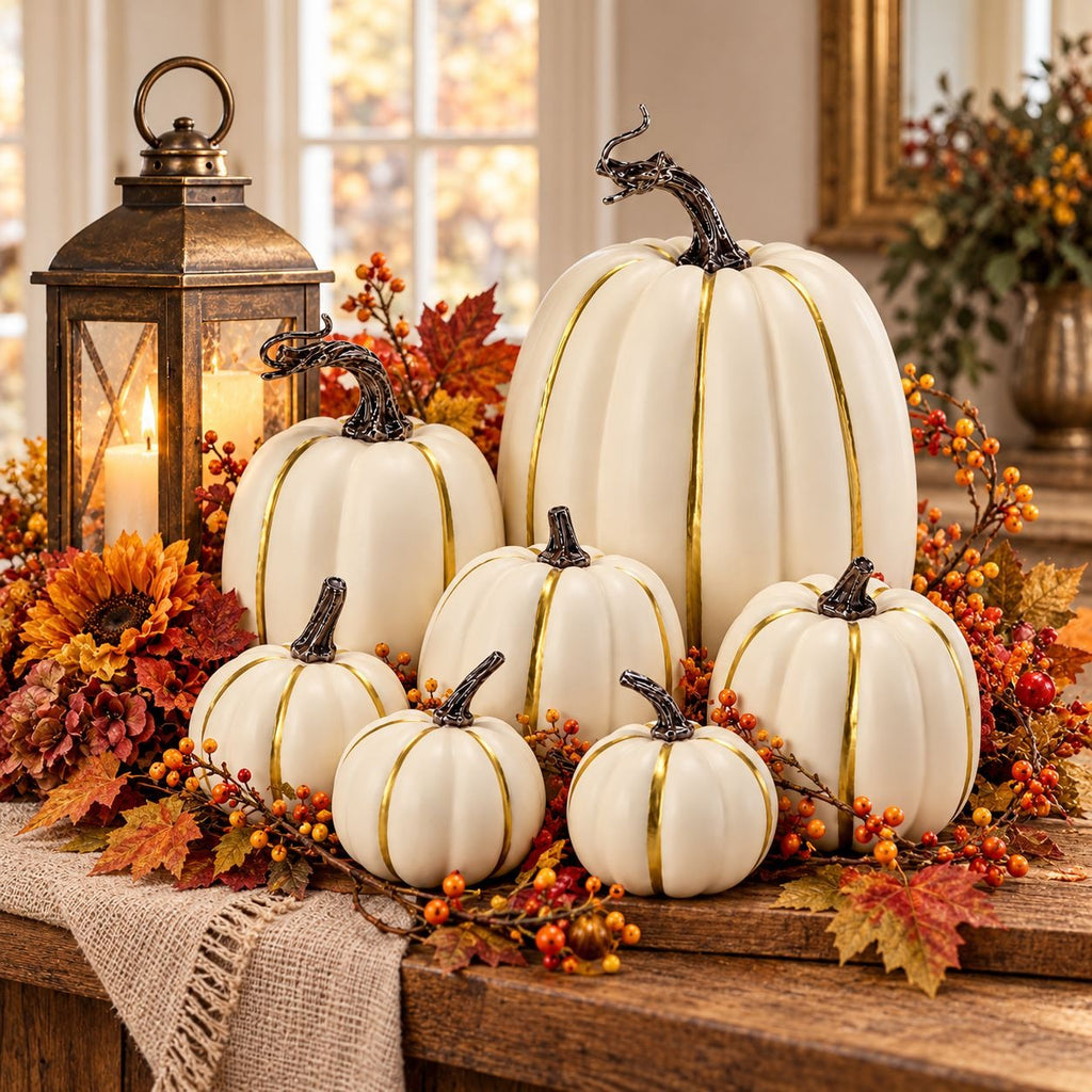 A set of seven faux white pumpkins with gold vertical stripes and dark stems, arranged on a rustic wooden table with autumn leaves, berries, a lantern, and a burlap runner.