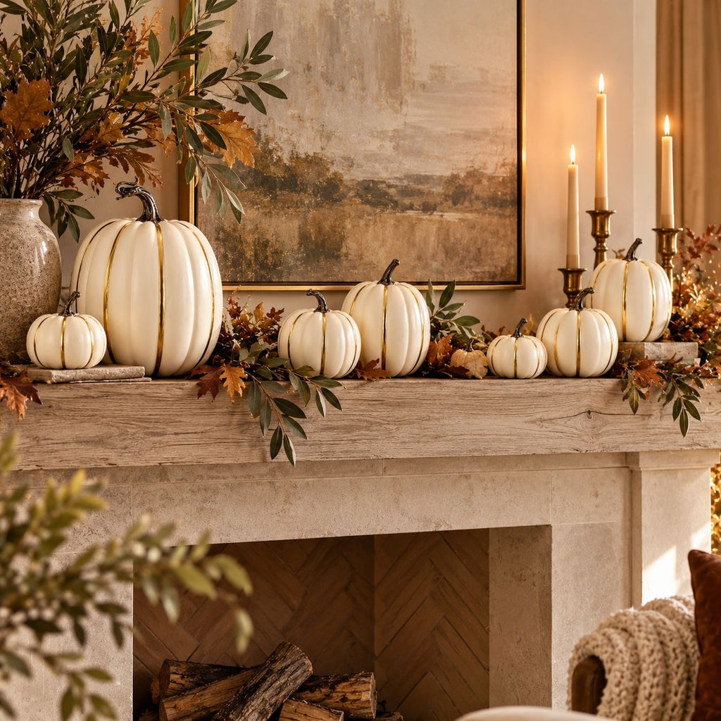 A styled fireplace mantel decorated with cream-colored pumpkins, greenery, autumn leaves, and tall lit candles in brass and black holders, with a framed painting and fireplace visible in the background.