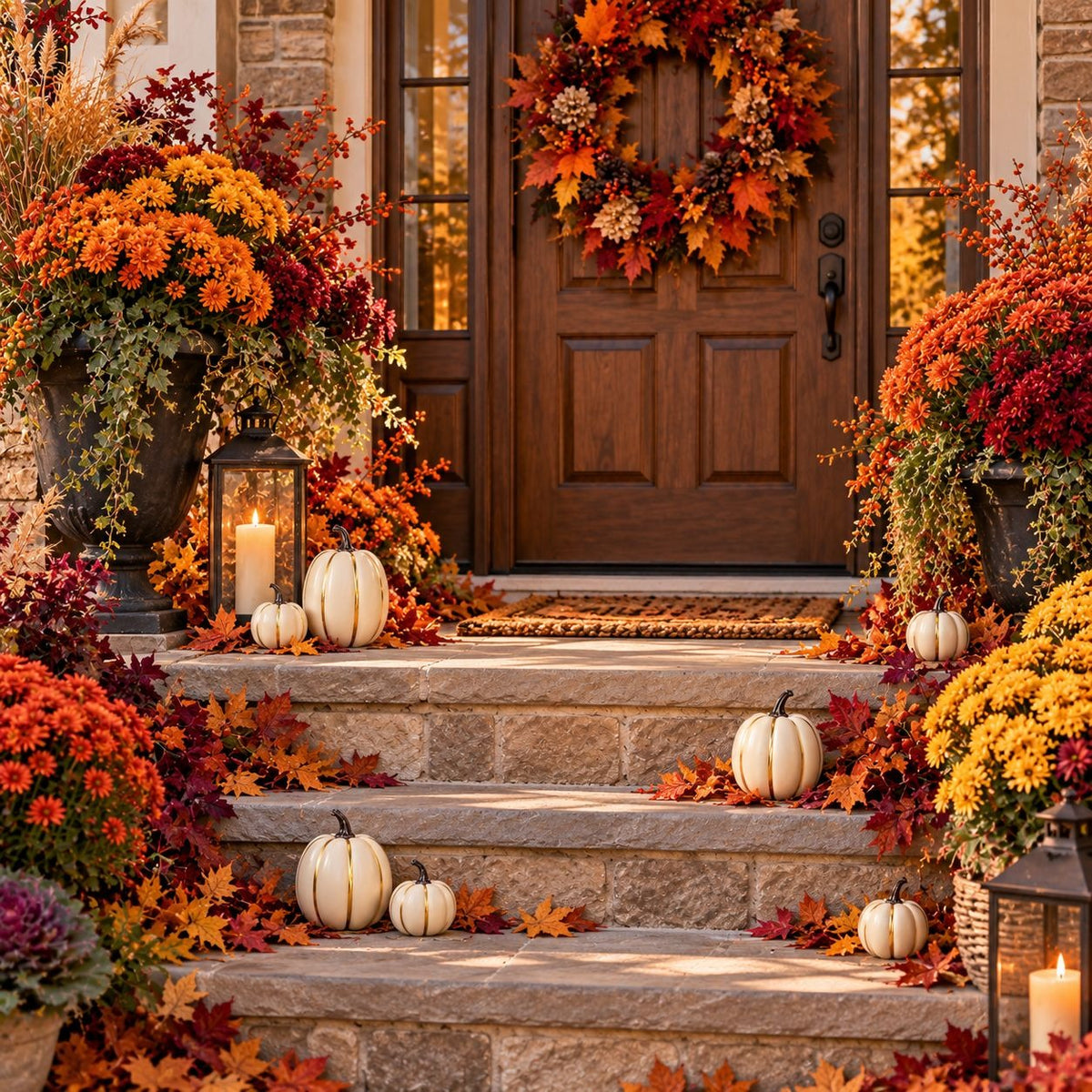A beautifully decorated autumn front porch with stone steps, a dark wood door, a colorful fall wreath, large flower arrangements in orange, red, and yellow, small white pumpkins, and lit lanterns.