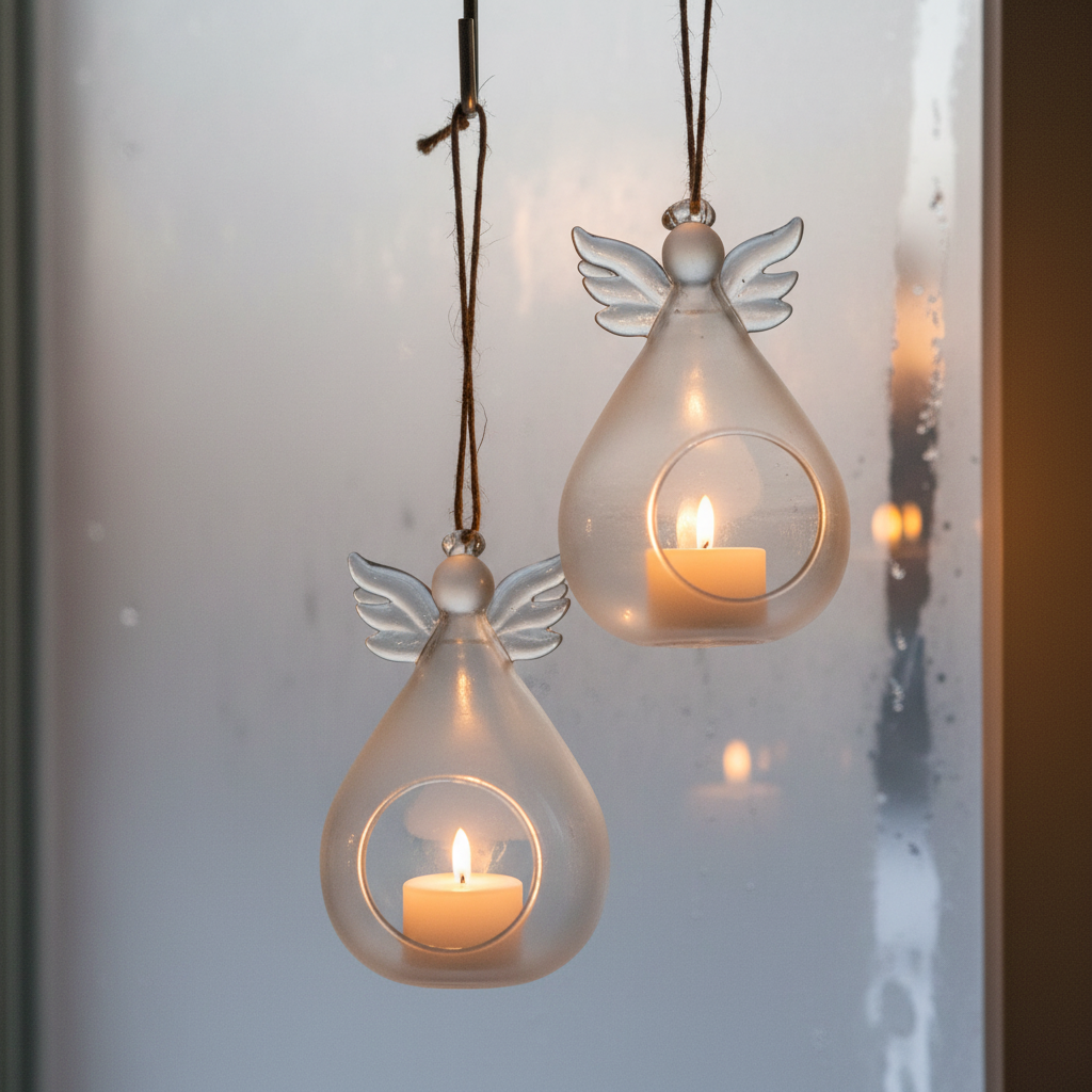 Glass angels by window with candlelight