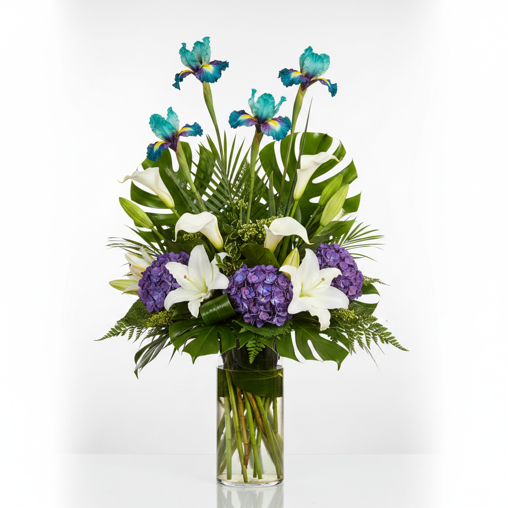 Glass vase blended iris arrangement