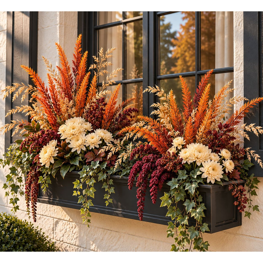 A black window box planter filled with autumnal artificial foliage, including orange and rust feathery stems, cream chrysanthemums, burgundy berry clusters, and trailing green ivy, set against a beige stone wall and black-framed window.