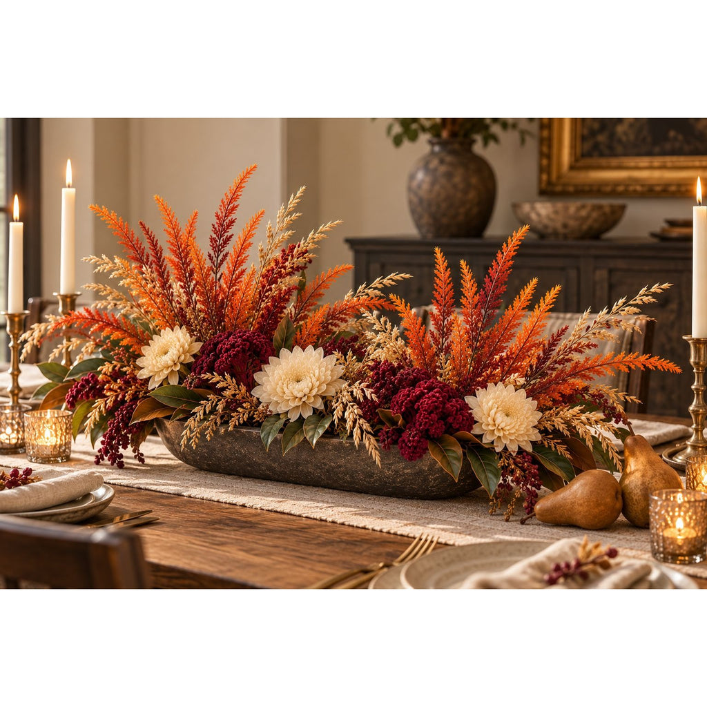 An autumn-themed floral centerpiece in a rustic stone bowl, styled on a dining table with candles, plates, and pears in a warm, cozy room setting.