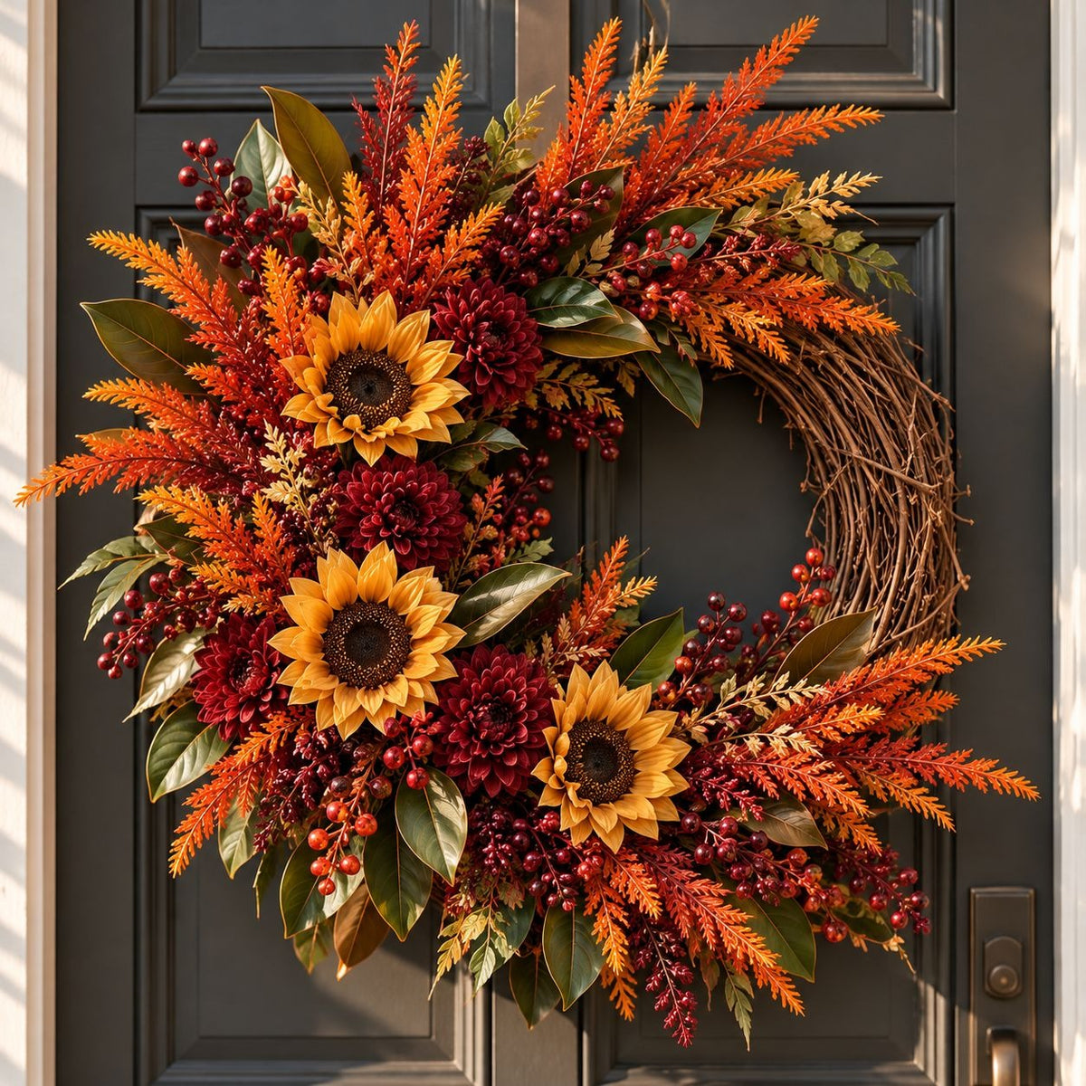 An autumn-themed grapevine wreath with sunflowers, orange and red foliage, and berries, hanging on a dark gray front door.